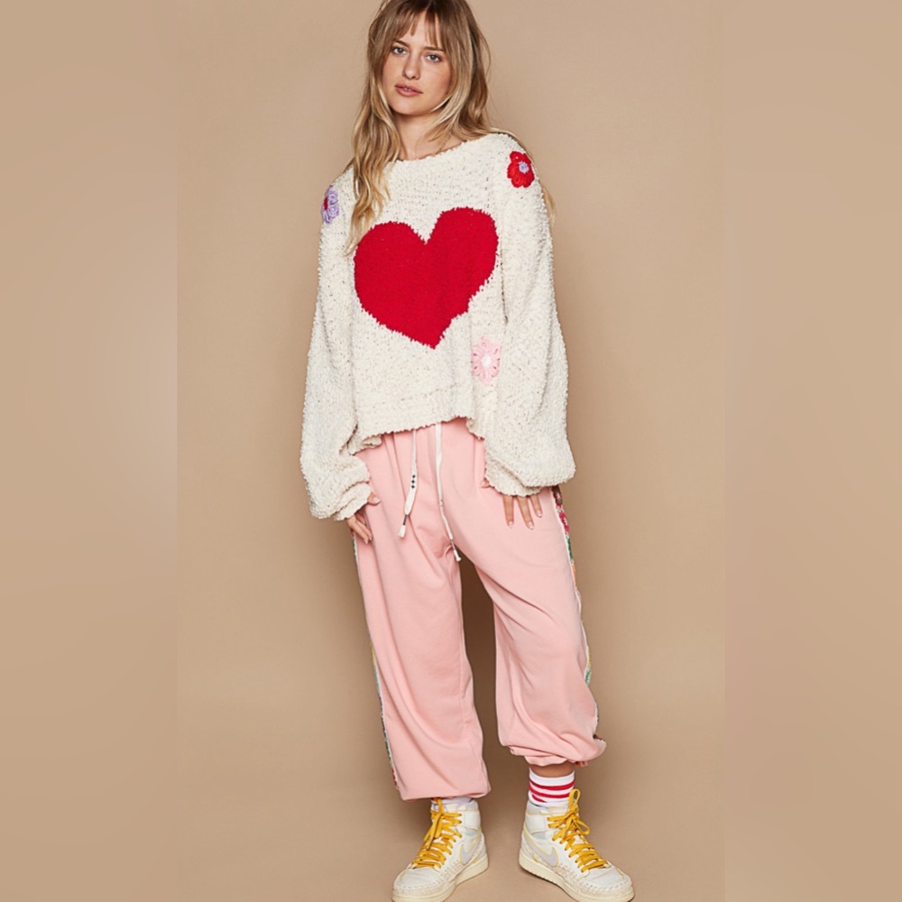 POL Cream Fuzzy Heart Floral Turtleneck Sweater Oversized Large